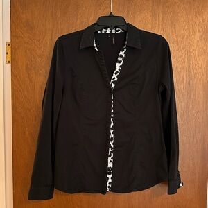 Black Button-Up Shirt with Animal Print Trim